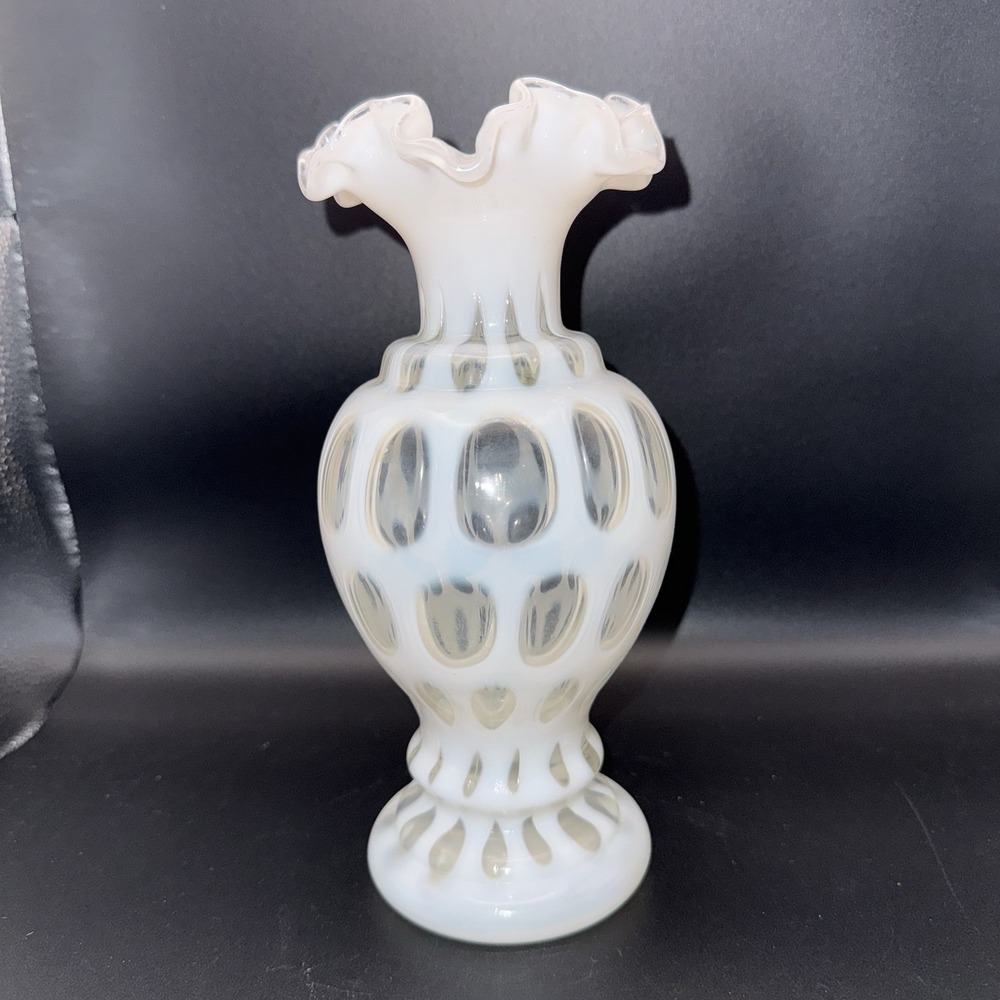 Fenton Art Glass French Opalescent " Coin Dot" Vase 9" Mid 20th Century White